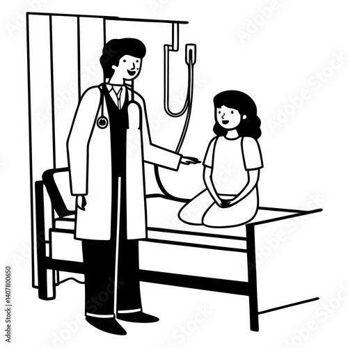 Line Art Doctor talking to female patient in working cabinet at hospital