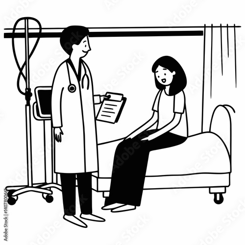 Line Art Doctor talking to female patient in working cabinet at hospital