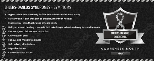Original Ehlers Danlos Syndromes ribbon with Symptoms, Shield Design with Pattern Based Background.