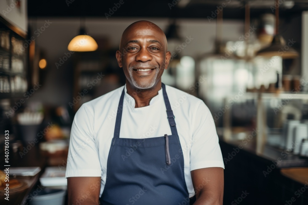 Smiling portrait of a middle aged African American small and local restaurant owner looking at camera Smiling portrait of a middle aged African American small and local restaurant owner looking at camera