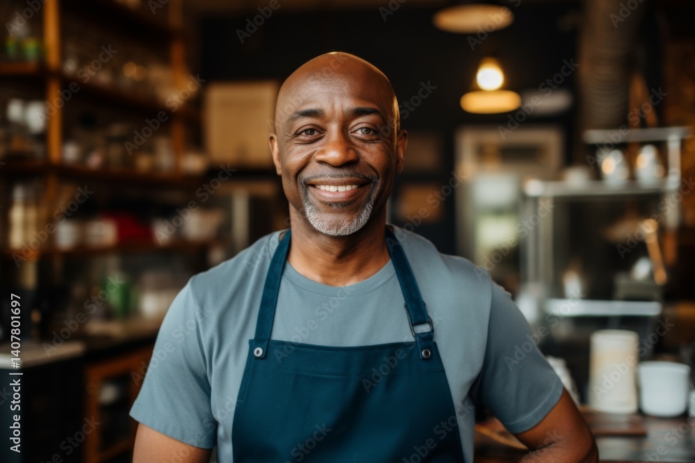 Smiling portrait of a middle aged African American small and local restaurant owner looking at camera Smiling portrait of a middle aged African American small and local restaurant owner looking at camera