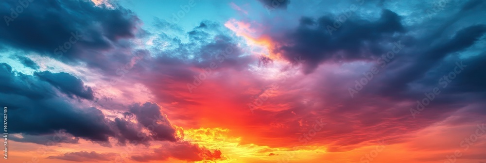 Sunset Background. Panorama of Cloudscape with Vivid Colors in Dreamy Sky