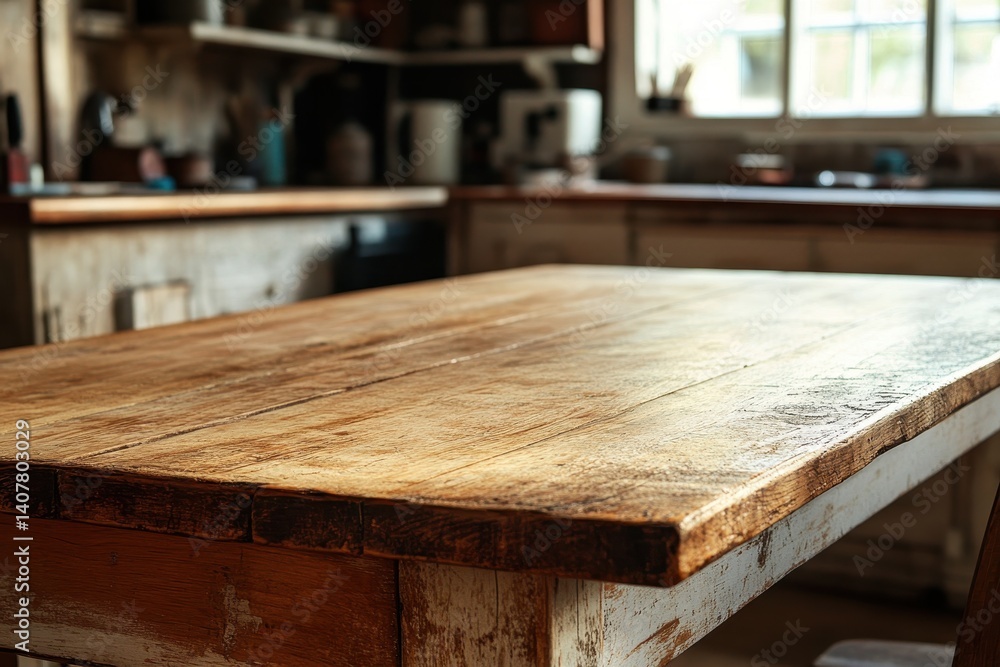 Table At Home. Interior Design of Kitchen Room with Wooden Furniture Table At Home. Interior Design of Kitchen Room with Wooden Furniture