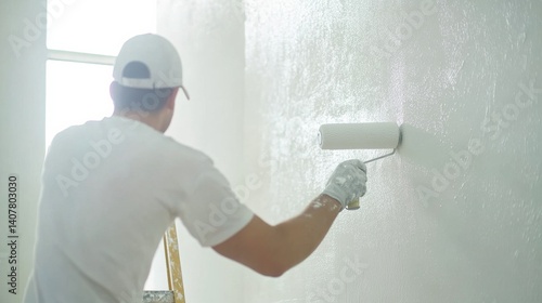 Wallpaper Mural Painter using a paint roller on a large wall. Featuring focus and consistency Torontodigital.ca