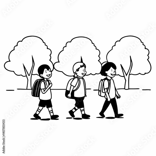 Line Art Group of multiethnic elementary school kids walking after school lessons outdoor