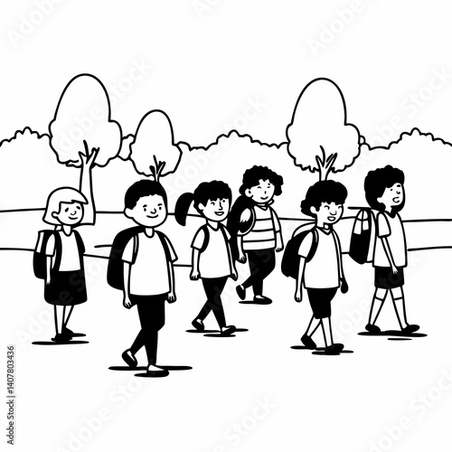 Line Art Group of multiethnic elementary school kids walking after school lessons outdoor