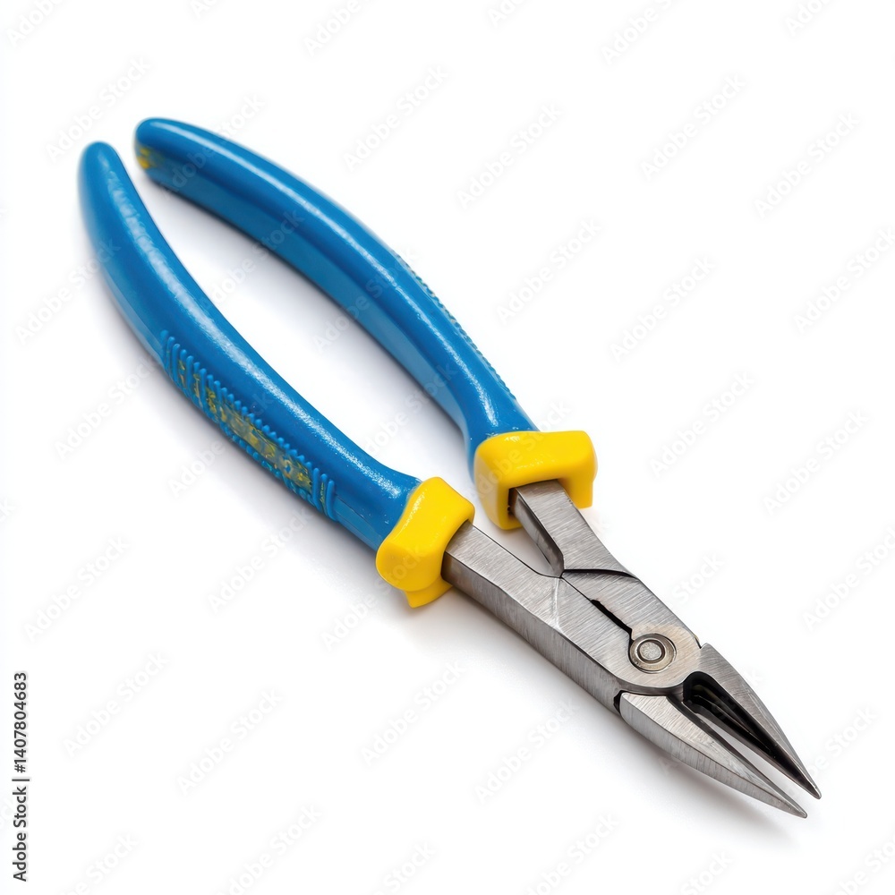 Blue and yellow handled pliers on a plain surface isolated on white background Blue and yellow handled pliers on a plain surface isolated on white background