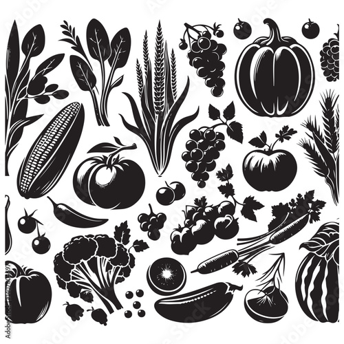 Vegetables, fruits, berries, vector silhouette