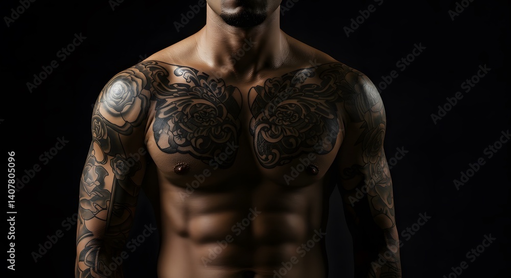 Muscular Man with Intricate Chest and Arm Tattoos Muscular Man with Intricate Chest and Arm Tattoos