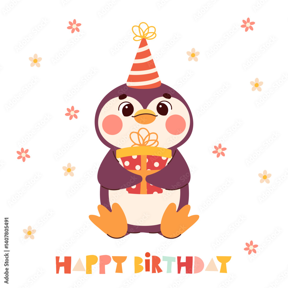 Cute animal Happy birthday vector card. Cartoon penguin with party hats, gifts, balloons and confetti. Fun and colorful celebration clipart for kids, greeting cards, invitations, and scrapbooking. Cute animal Happy birthday vector card. Cartoon penguin with party hats, gifts, balloons and confetti. Fun and colorful celebration clipart for kids, greeting cards, invitations, and scrapbooking.