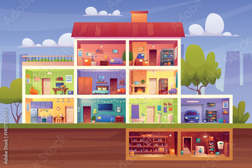 House cross section. Home room cutaway view inside interior efficient apartment furniture construction design, kitchen boiler cellar bathroom building, swanky vector illustration