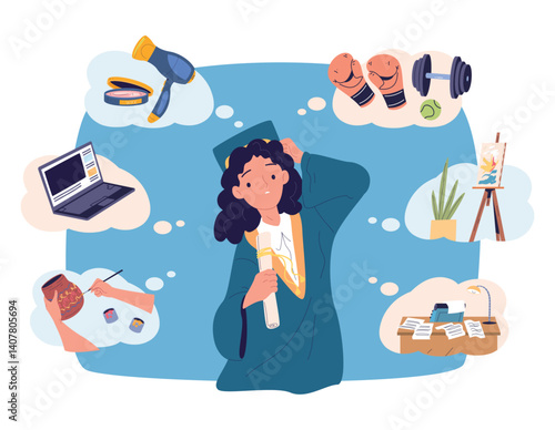 Graduates choose profession. Girl graduate college student choice profession, postgraduate decision career option university choosing way woman thinking job vector illustration