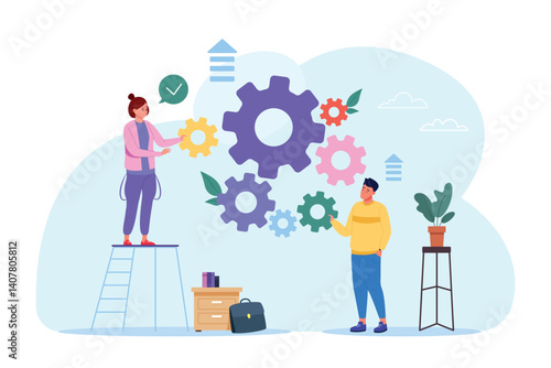 People implementation work. Workflow team gear development business implement management process, workforce cogwheel innovation project improvement agile method vector illustration