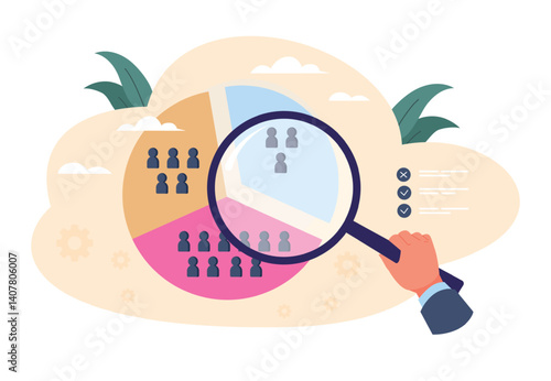 Target audience segment. Potential customer group marketing analysis, consumer identity divide pie chart market demographic people research different niche vector illustration