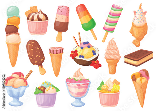 Cartoon ice cream set. Icecream balls on stick, waffle cone cup sundae chocolate or fruit popsicle gelato vanilla scoop candy lollipop summer sweet dessert neat vector illustration