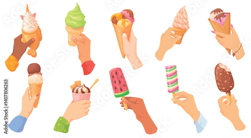 Hands hold ice cream. Woman man hands holding icecream balls in waffle cone or popsicle on stick, frozen cream sweet summer snack food gelato desserts, neat vector illustration