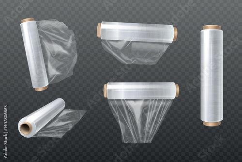 Cling film. Pvc stretch wrap roll, transparent foil plastic polyethylene coil for clinging food packaging, kitchen tool cellophane clear paper realistic exact vector illustration