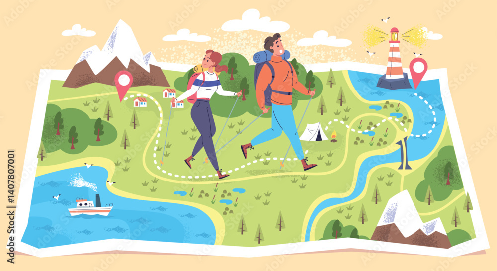 Obraz premium Hikers route. Couple hikers walk on map, hike expedition mountain trail road guide explore nature landscape travel journey trekking trip tourist path, classy vector illustration