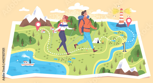 Hikers route. Couple hikers walk on map, hike expedition mountain trail road guide explore nature landscape travel journey trekking trip tourist path, classy vector illustration