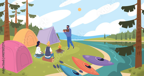 People kayak camping. Man woman rest after river rafting, camping scene summer day campsite campfire tents boats water sport adventure action vacation classy vector illustration