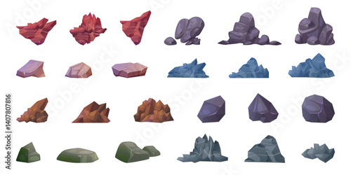 Cartoon rock stones. Stone block game ui rocks boulder, rubble mountain rough texture stoned wall nature construction material gravel granite piece, set swanky vector illustration
