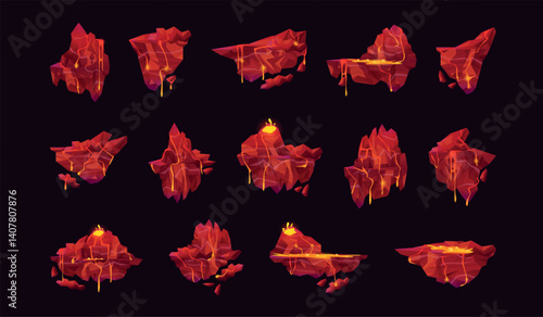 Game lava platform. Volcano floating islands adventure video gaming level map, fantasy rpg hell fire ground stone boulder magma rock landscape 2d assets swanky vector illustration
