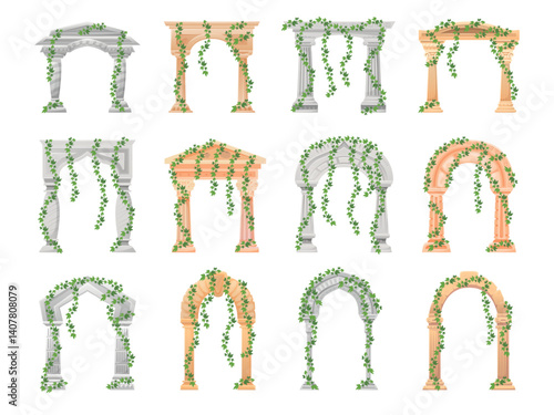 Ivy arches. Ancient stone arch column with green creeper vines, wedding gate garden arc jungle ruins old palace entrance roman castle temple door gate, swanky vector illustration