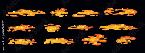 Lava puddle. Volcanic magma liquid with bubbles, 2d video game vfx effect molten metal or gold foundry volcano hell magic gaming fire splash drip cartoon swanky vector illustration