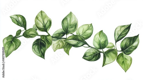 Watercolor Painting of Green Leaves Branch Botanical Illustration Isolated