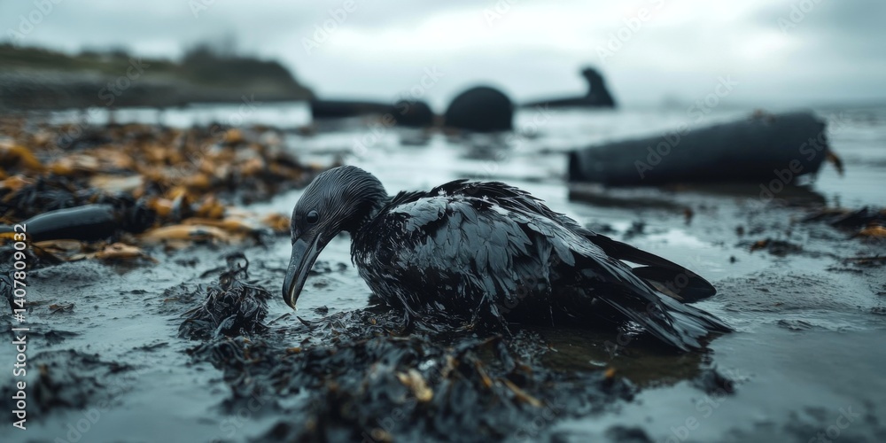 A sorrowful scene of a blackened bird struggling in the mud. This image captures the impact of pollution on nature. A striking reminder of environmental issues. AI