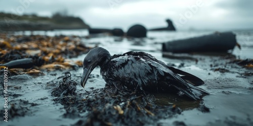 Obraz na płótnie A sorrowful scene of a blackened bird struggling in the mud. This image captures the impact of pollution on nature. A striking reminder of environmental issues. AI w salonie