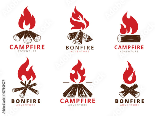 Cartoon campfire logo. Summer camping party label, bonfire camp emblem firewood fire flame burn wood silhouette scout vintage logotype mountain expedition, tidy vector illustration