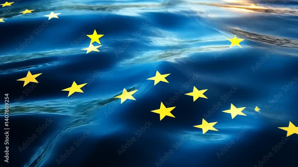 European Union flag animation with blue liquid waves and golden stars European Union flag animation with blue liquid waves and golden stars