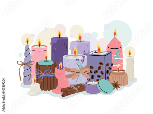Beautiful scented candles set. Collection of candles in different shapes and sizes. Hygge home decoration. Aromatherapy vector illustration