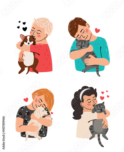 Children love dogs and cats vector on white background. Kids hug puppies and kittens. People and pets friendship, happy lifestyle colorful illustration