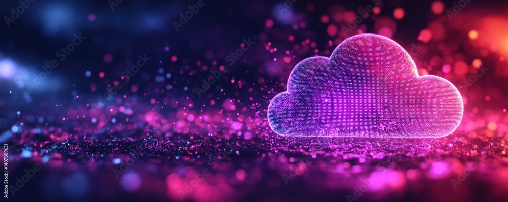 A vibrant glowing cloud symbol surrounded by sparkling particles A vibrant glowing cloud symbol surrounded by sparkling particles