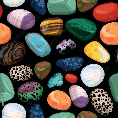Color pebbles background. Colorful gemstones seamless pattern