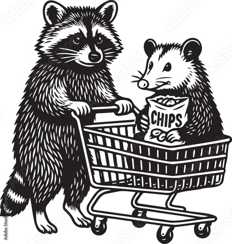 vector illustration of raccoon with possum