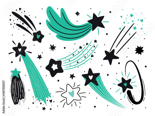 Different shooting stars with beautiful tails