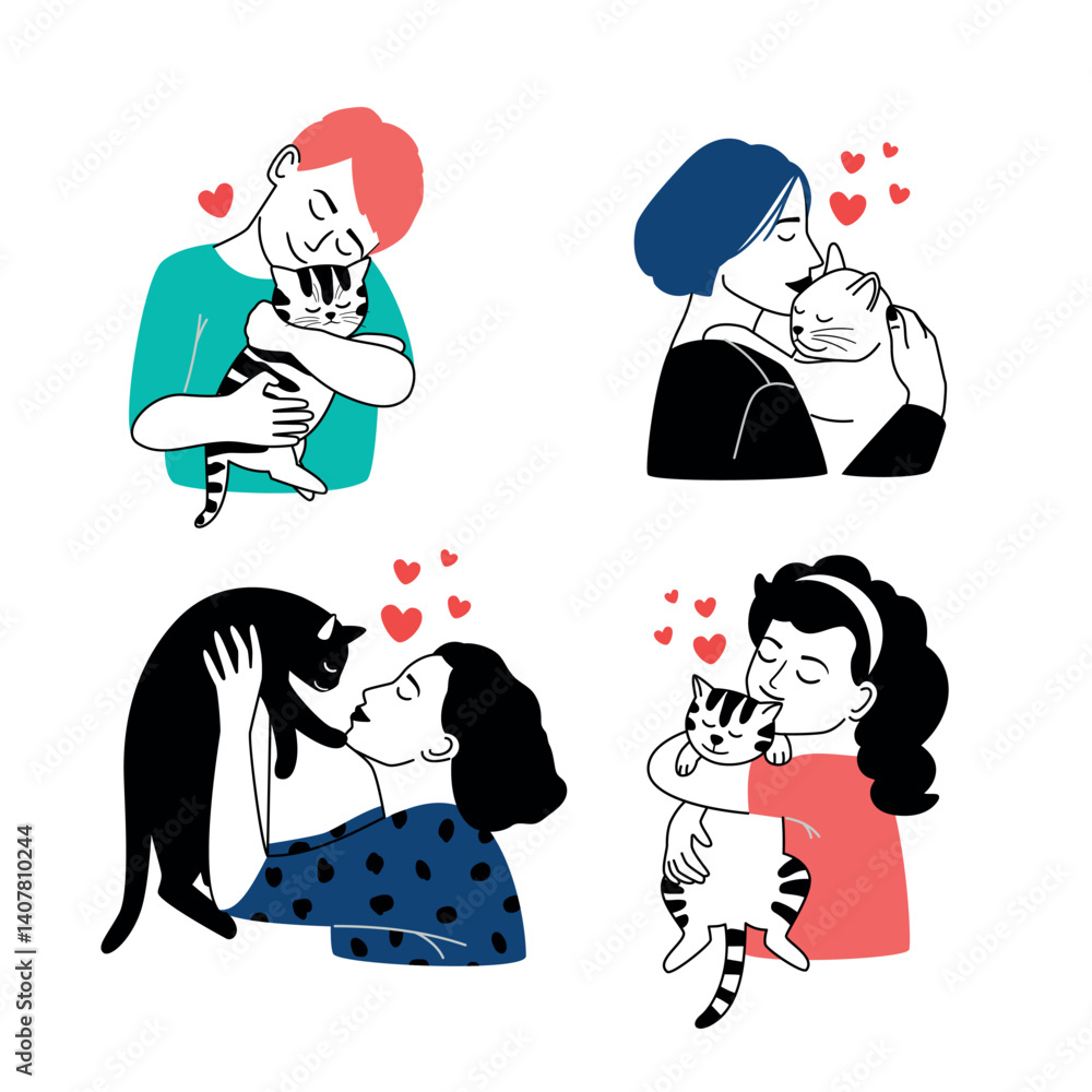 Obraz premium Kind owners and happy pets set. People love and hug dogs and cats, vector collection isolated on white background
