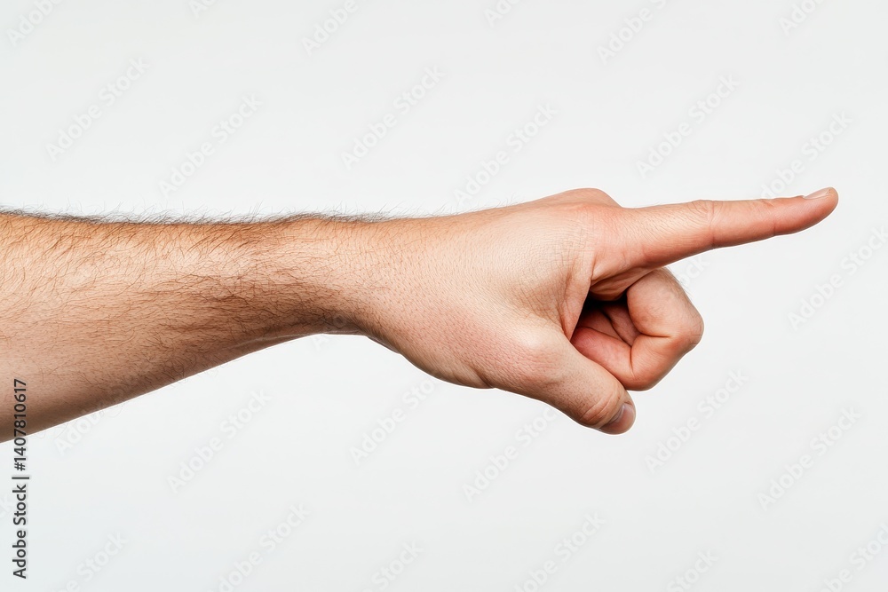 © Maryna - To The Point. Focus on Man's Hand Gesticulating and Index Finger Pointing in Direction with Studio Shot Isolated on White Background