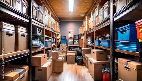 a cluttered storage room filled with stacked cardboard boxes plastic bins and miscellaneous household items creating a chaotic atmosphere