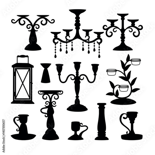 Set of black silhouettes of different candlesticks without candles vector illustration