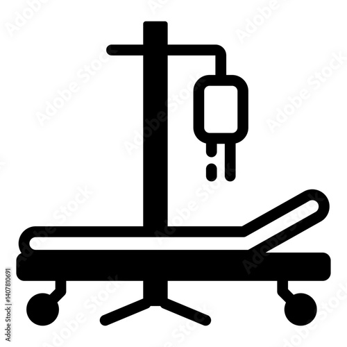Hospital bed with dropper solid icon, blood transfusion concept. Vector graphics. Water dropper and bed, hospitality sign on white background, glyph style mobile or design.