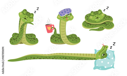 Set of cartoon green sleepy snakes in various poses