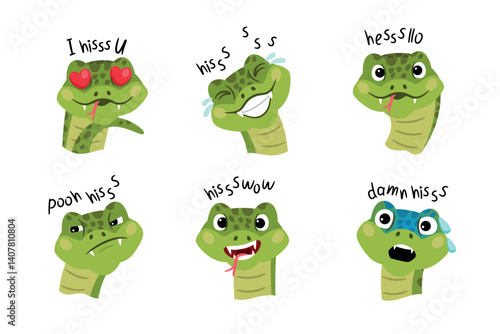 Set of cool snakes with sings, stickers and emoticons vector collection
