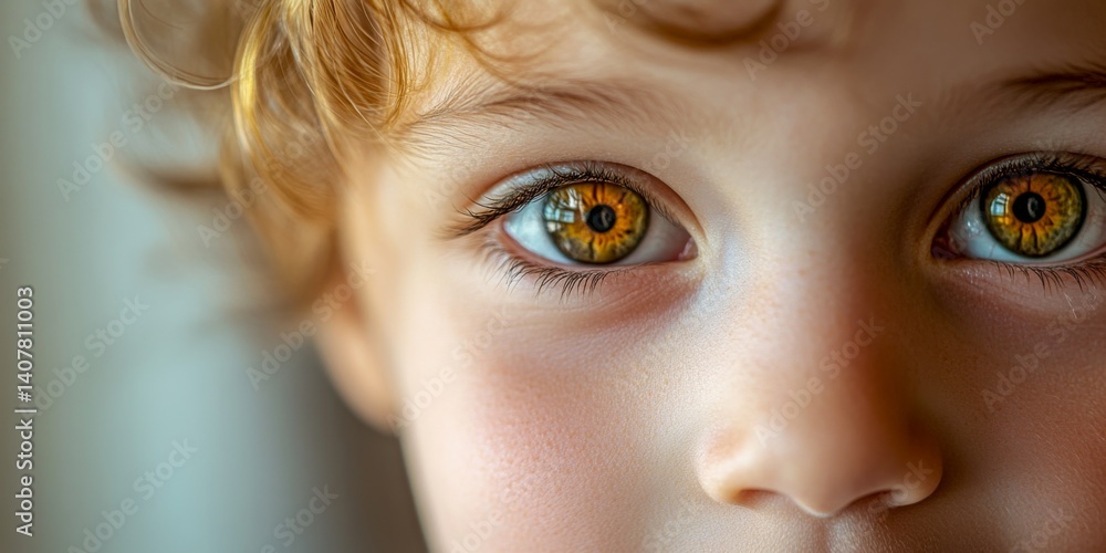 A close-up portrait of a child showcasing stunning, expressive eyes. The warm tones emphasize the unique beauty of childhood. Perfect for capturing emotion in photography. AI