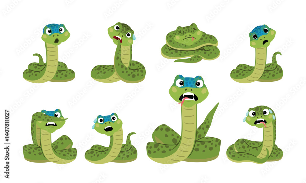 Obraz premium Set of cute cartoon scared snakes characters, isolated vector illustration