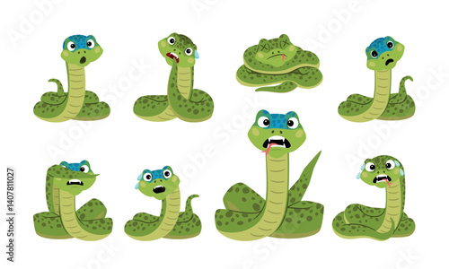 Set of cute cartoon scared snakes characters, isolated vector illustration