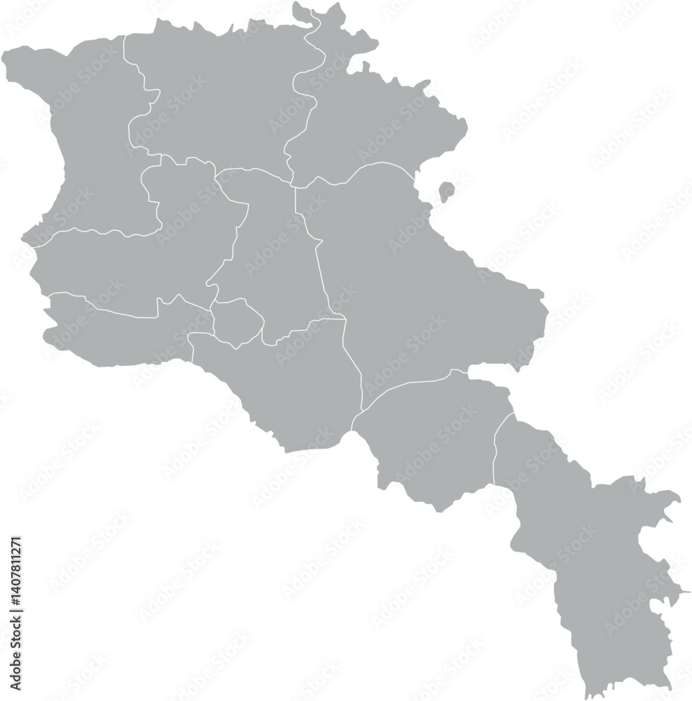 Obraz premium Adobe Illustrator ArtworkA vector map of Armenia showcasing the country’s outline with its administrative regions. The regions are filled in shades of gray, with borders defined by white lines. The mi